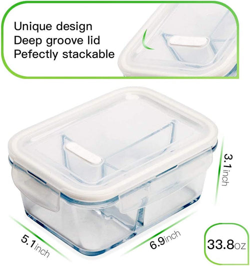 3 Pack 33.8Oz Meal Prep Glass Containers 3 Compartments with Lids Glass Food Storage Containers Glass Bento Boxes Lunch Containers Glass Food Prep Containers with Lids, for Oven